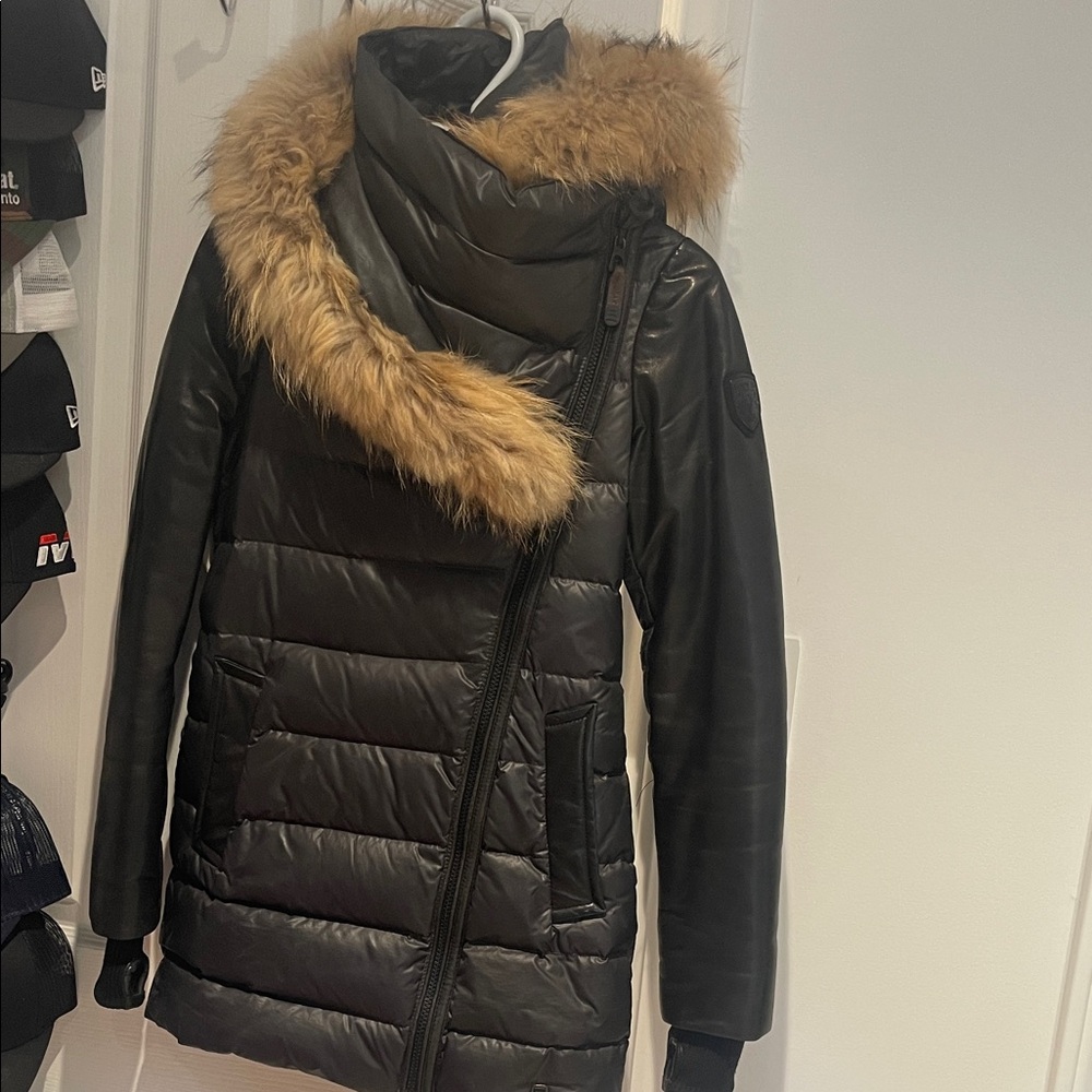 RUDSAK Black Puffer Jacket with Tan Fur Trim and Half Leather Sleeves